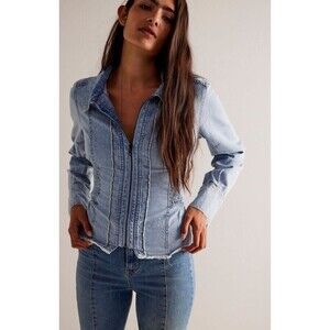 We The Free Denim Shirt  Zip It Up Size XS Light Wash Indigo Cotton NWOT